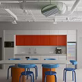 Modern Restaurant Interior With Red Cabinets White Countertop Blue Chairs Long Table Coffee Machine