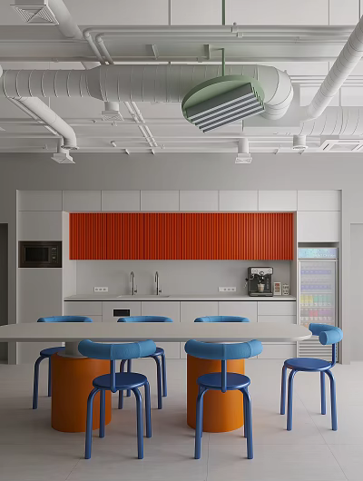Modern Restaurant Interior With Red Cabinets White Countertop Blue Chairs Long Table Coffee Machine 3d model