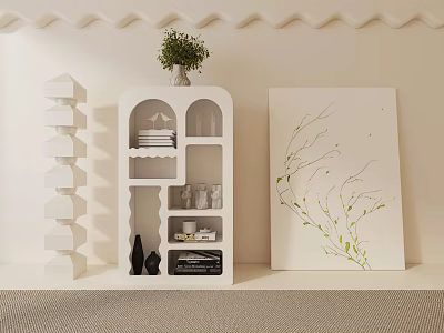Modern White Decorative Cabinet With Open Shelves Potted Plant And Wall Art 3d model