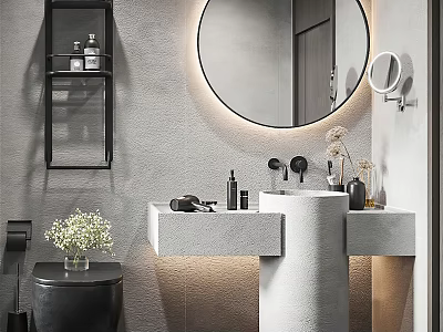 Modern Bathroom With Round Mirror Concrete Wall Shelf Black Toilet And Pedestal Sink 3d model