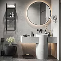 Modern Bathroom With Round Mirror Concrete Wall Shelf Black Toilet And Pedestal Sink