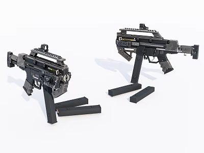 Two Black Submachine Guns With Stands And Attachments On White Background 3d model