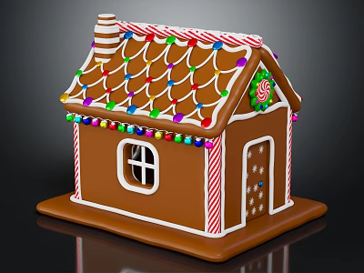 Cartoon Gingerbread House With Colorful Candy Roof Chimney Window And Striped Door 3d model