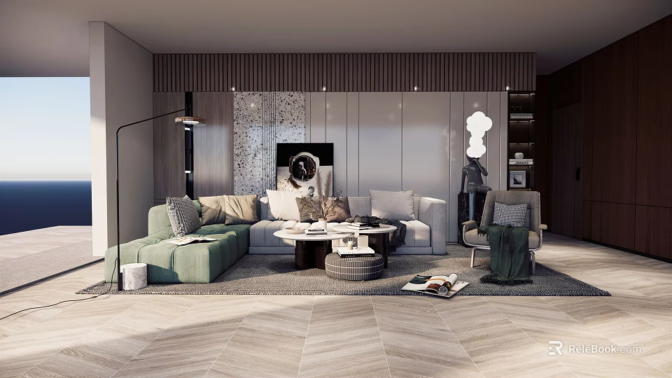 Modern Living Room Green L Shaped Sofa and Coffee Table Set with Carpet Floor Lamp 3d model 