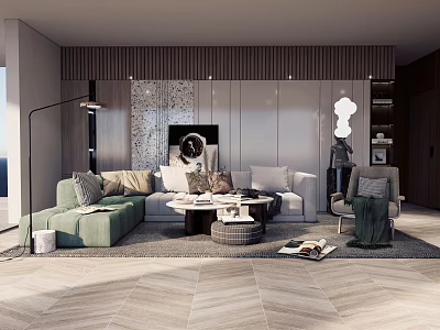 Modern Living Room Green L Shaped Sofa and Coffee Table Set with Carpet Floor Lamp 3d model