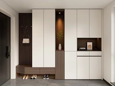 Modern Entryway Shoe Cabinet With Bench Storage White Wood Decor And Green Plant 3d model