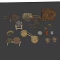 Traditional Handcrafted Garden Decorative Items With Wheelbarrow Millstone And Woven Baskets