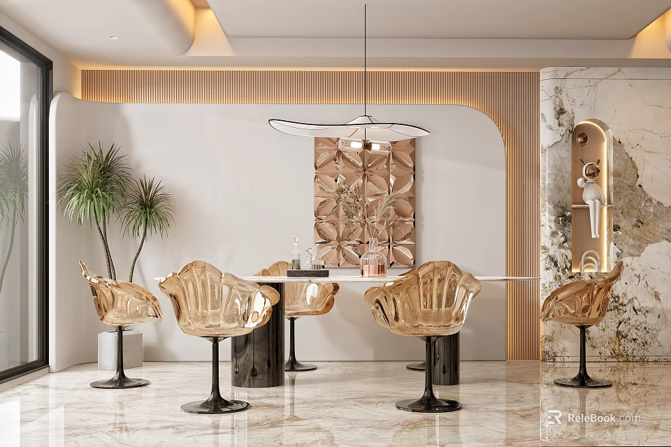 Modern Restaurant Interior With Golden Chairs Round Dining Table Decorative Wall And Pendant Light 3d model 