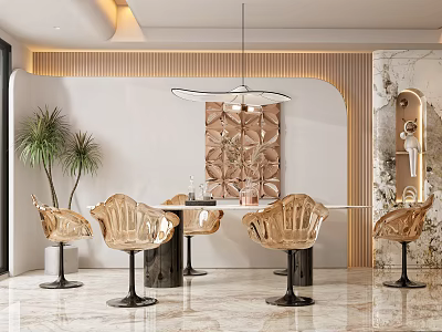 Modern Restaurant Interior With Golden Chairs Round Dining Table Decorative Wall And Pendant Light 3d model