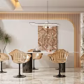 Modern Restaurant Interior With Golden Chairs Round Dining Table Decorative Wall And Pendant Light