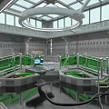 Industrial Equipment With Circular Structures Control Panels Green Railings Cables And Central Platform