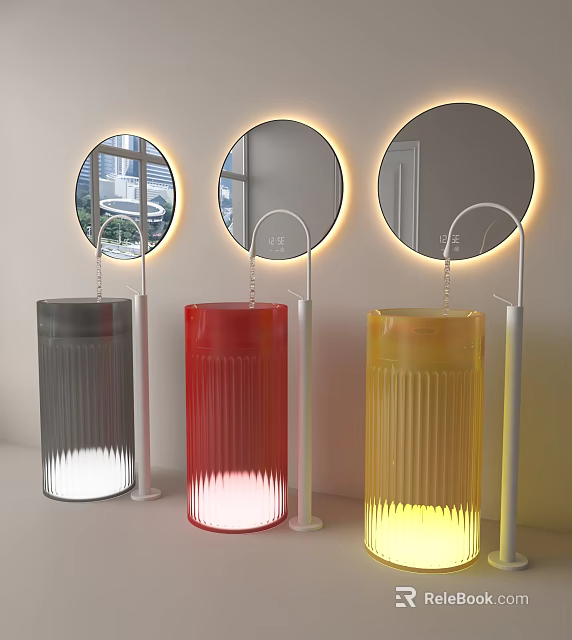 Modern Pedestal Washbasins in Gray Red Yellow with Round Backlit Mirrors in Bathroom 3d model 