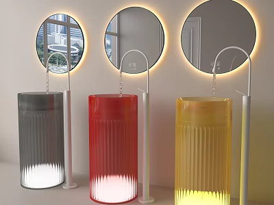 Modern Pedestal Washbasins in Gray Red Yellow with Round Backlit Mirrors in Bathroom 3d model