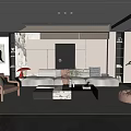 Modern Living Room Interior With Sofa Accent Chair Coffee Table Rug Bookshelves And Potted Plant