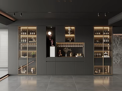Modern Wine Cabinet With Glass Doors Built-in Lighting Wine Bottles And Glasses 3d model