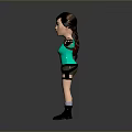 Female Game Movie Character With Short Hair Green Tank Top Black Shorts And Arms Outstretched