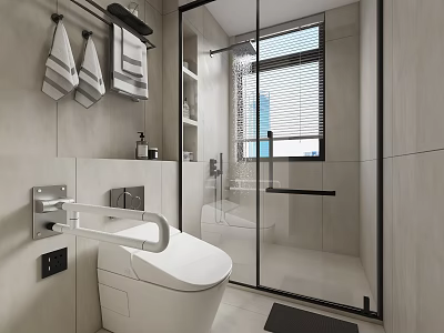 Modern Bathroom Interior Design With Smart Toilet Glass Shower Light Tile Walls And Towel Rack 3d model