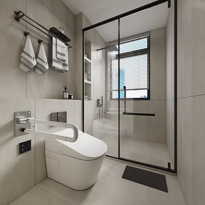 Modern Bathroom Interior Design With Smart Toilet Glass Shower Light Tile Walls And Towel Rack 3d model