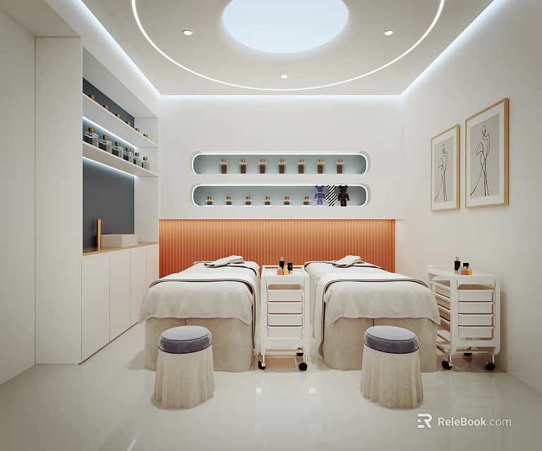 Luxury SPA Sauna Interior with Massage Beds White Cabinets Orange Wall Paneling Shelves and Stools 3d model 
