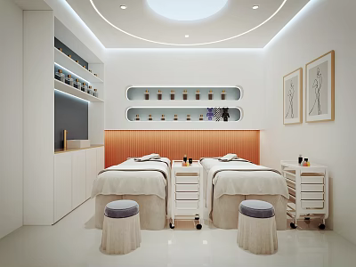 Luxury SPA Sauna Interior with Massage Beds White Cabinets Orange Wall Paneling Shelves and Stools 3d model