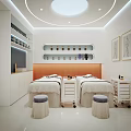 Luxury SPA Sauna Interior with Massage Beds White Cabinets Orange Wall Paneling Shelves and Stools