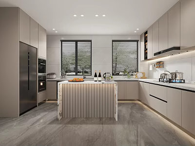 Modern Light Gray Kitchen Interior With Island Countertop Cabinets Appliances And Window Blinds 3d model