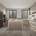 Modern Light Gray Kitchen Interior With Island Countertop Cabinets Appliances And Window Blinds
