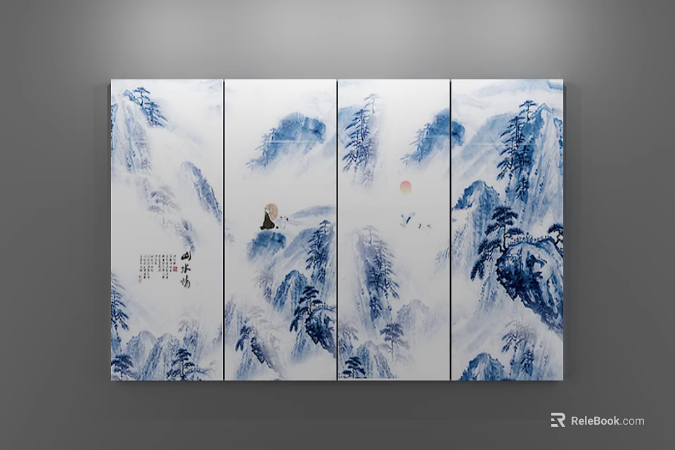Traditional Chinese Landscape Painting On Four Panel Screen With Blue Mountains Pine Trees Moon Figure 3d model 