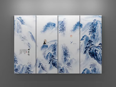Traditional Chinese Landscape Painting On Four Panel Screen With Blue Mountains Pine Trees Moon Figure 3d model