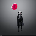 White Haired Character In Black Outfit With Glowing Red Circular Object On Gray Background