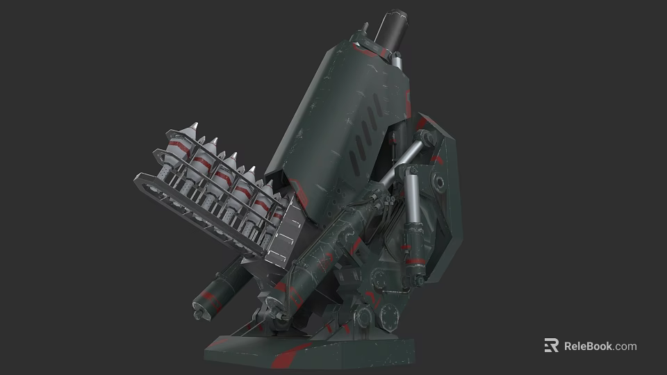 Futuristic Mechanical Weapon With Multiple Barrels Dark Green And Red Accents 3d model 