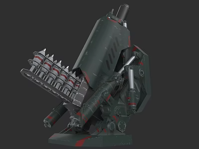 Futuristic Mechanical Weapon With Multiple Barrels Dark Green And Red Accents 3d model