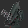 Futuristic Mechanical Weapon With Multiple Barrels Dark Green And Red Accents