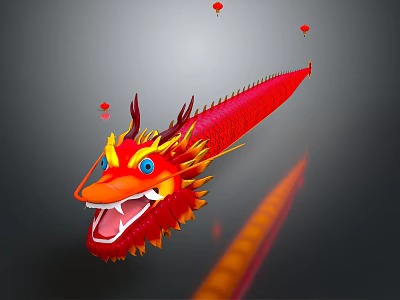 Chinese Style Decorative Red Dragon Featuring Colorful Head Long Body And Hanging Lanterns 3d model