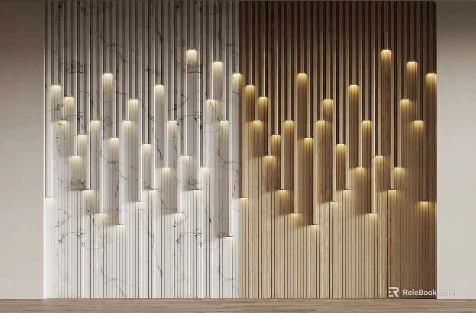 Modern Luxury Feature Wall Design With Marble Texture Wooden Strips And Embedded Lighting 3d model 