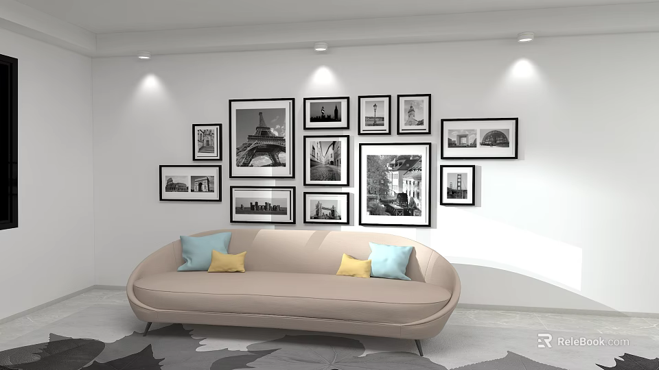 Photo Wall In Modern Living Room With Black And White Photos And Minimalist Sofa Decor 3d model 