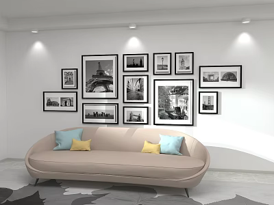 Photo Wall In Modern Living Room With Black And White Photos And Minimalist Sofa Decor 3d model