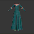 Teal Floor Length Long Sleeve Dress With Decorative Neckline And Trimmed Cuffs