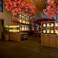 Traditional Chinese Restaurant Interior With Wooden Ceiling Hanging Lanterns And Mural Decor
