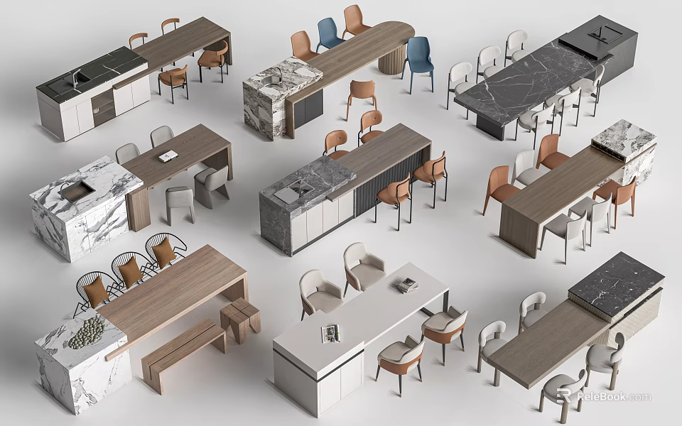 Modern Bar Counters With Various Marble Wooden Stone Designs And Matching Chairs 3d model 