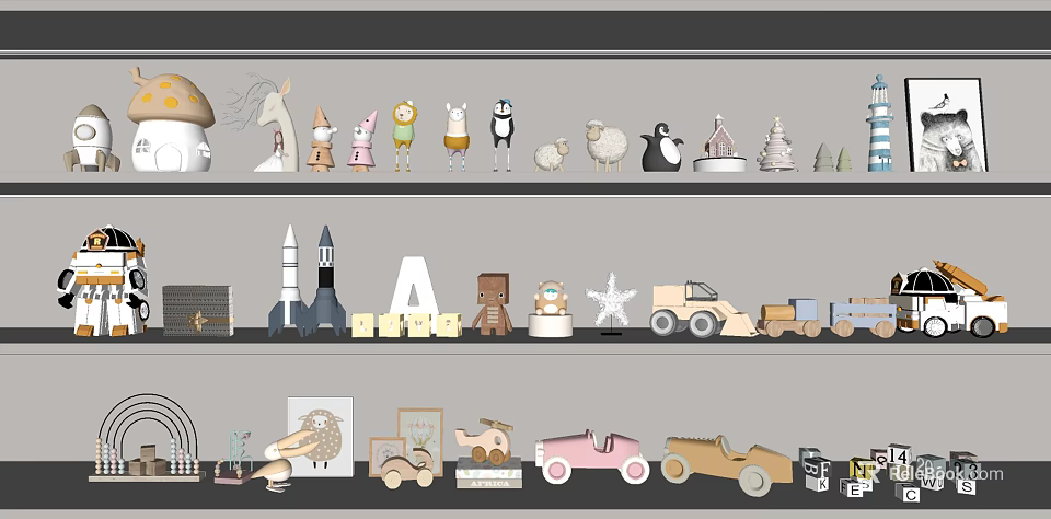 Cute Assorted Dolls and Various Playful Toys Including Rocket Car Sheep Penguin for Kids Room 3d model 