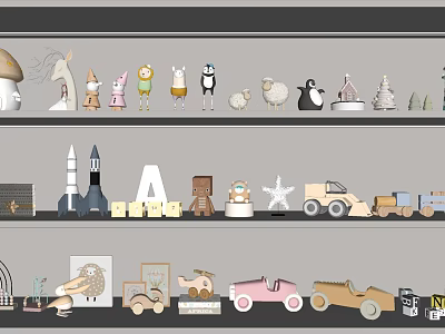 Cute Assorted Dolls and Various Playful Toys Including Rocket Car Sheep Penguin for Kids Room 3d model