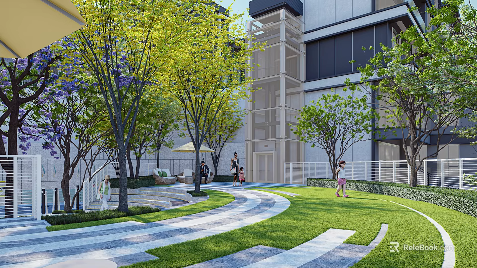Modern Residential Landscape With Trees Lawn Curved Pathway Building And People Walking 3d model 