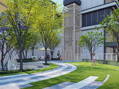 Modern Residential Landscape With Trees Lawn Curved Pathway Building And People Walking 3d model