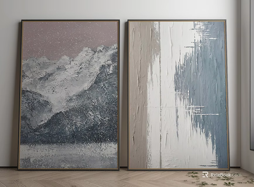 Two Framed Wall Art Pieces Mountain Landscape And Abstract Blue White Design 3d model 