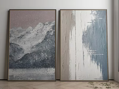 Two Framed Wall Art Pieces Mountain Landscape And Abstract Blue White Design 3d model
