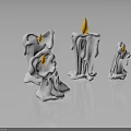 White Candles With Melting Wax And Yellow Flames On Black Background Reflections