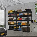 Garage Interior With Metal Storage Shelves Yellow Bins Tires And Tools