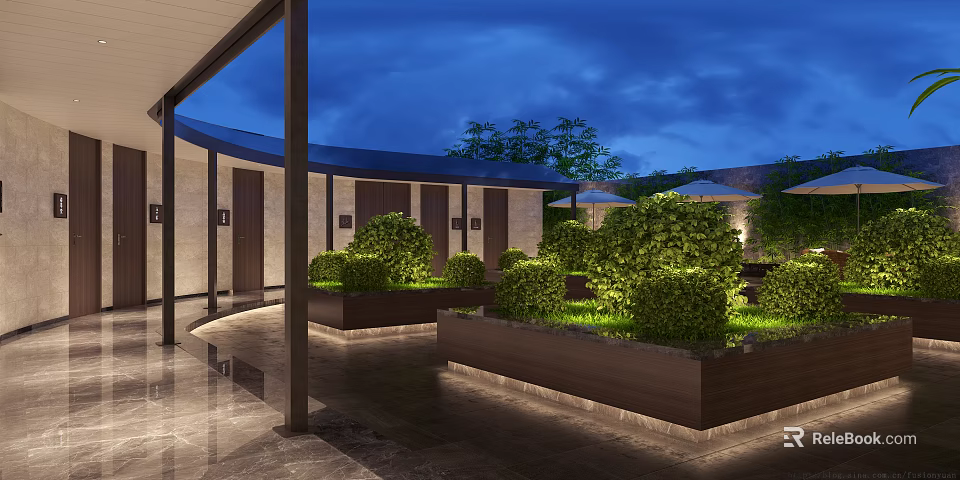 Modern Garden Landscape With Columned Structure Polished Stone Floor Trimmed Shrubs And Evening Lighting 3d model 