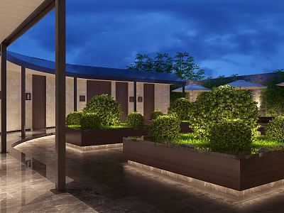 Modern Garden Landscape With Columned Structure Polished Stone Floor Trimmed Shrubs And Evening Lighting 3d model